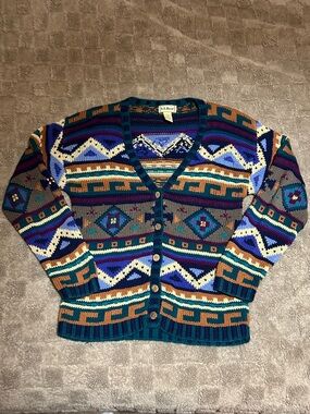 Vintage 80s L.L. Bean Women’s Multicolor Patterned V-Neck Cardigan Sweater